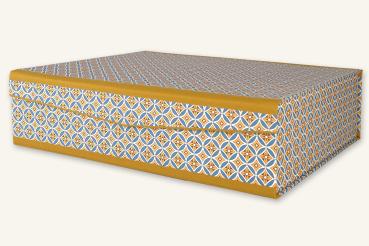 Blue and yellow organizer box from the stationery manufactory spelling